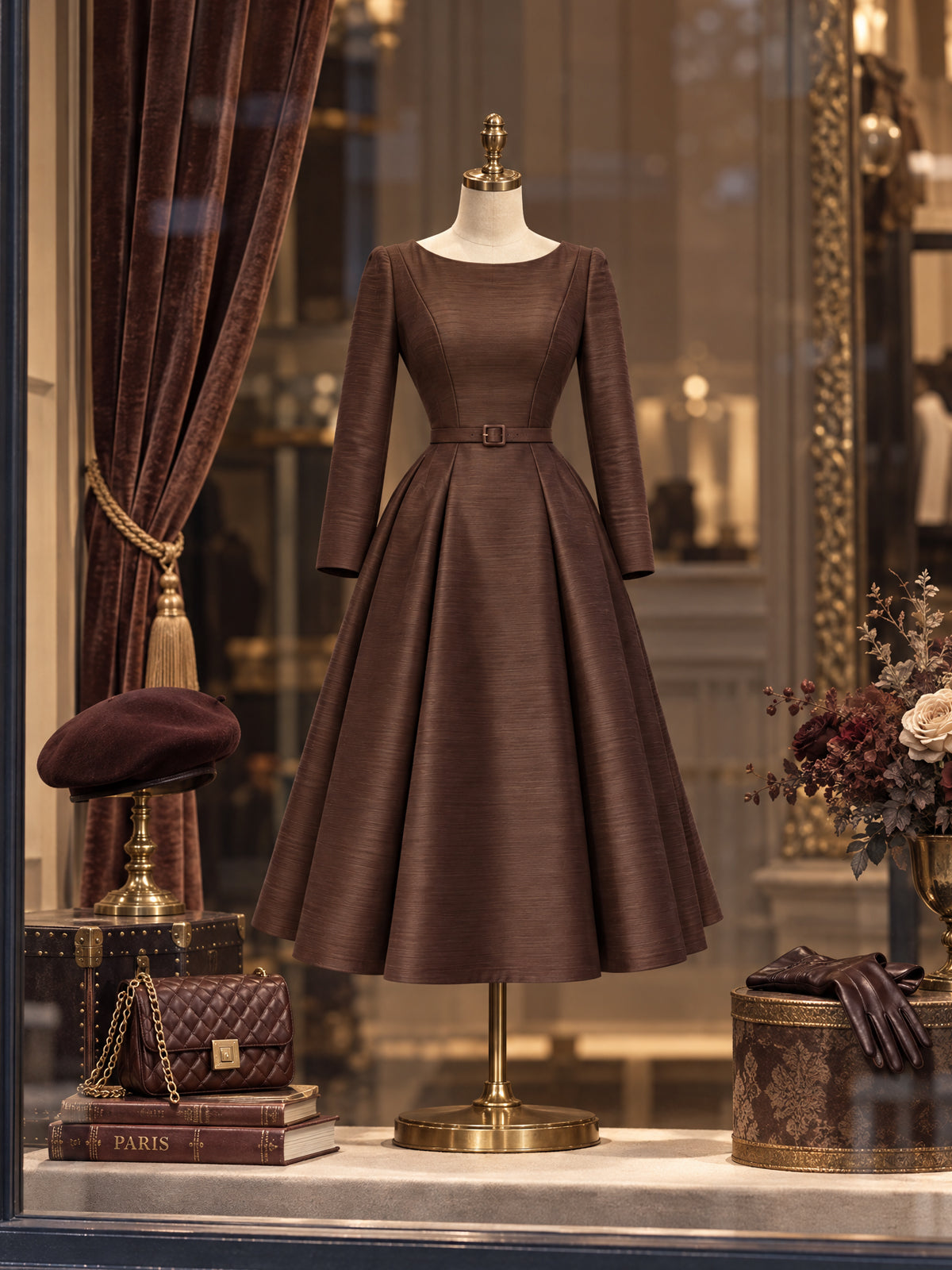 Vintage Brown Textured Belted Fit Flare Midi Dress