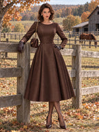 Vintage Brown Textured Belted Fit Flare Midi Dress