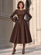 Vintage Brown Textured Belted Fit Flare Midi Dress