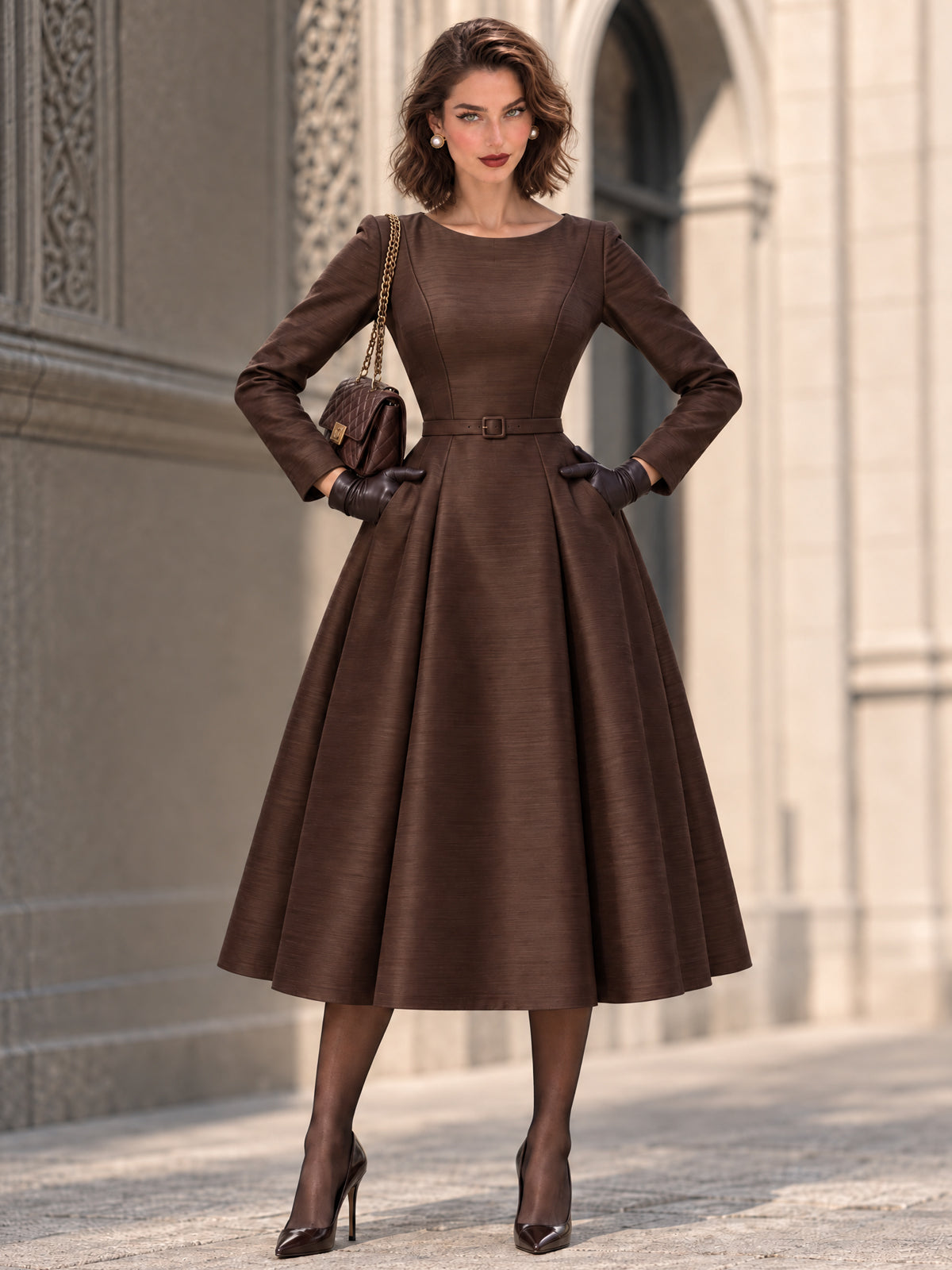 Vintage Brown Textured Belted Fit Flare Midi Dress