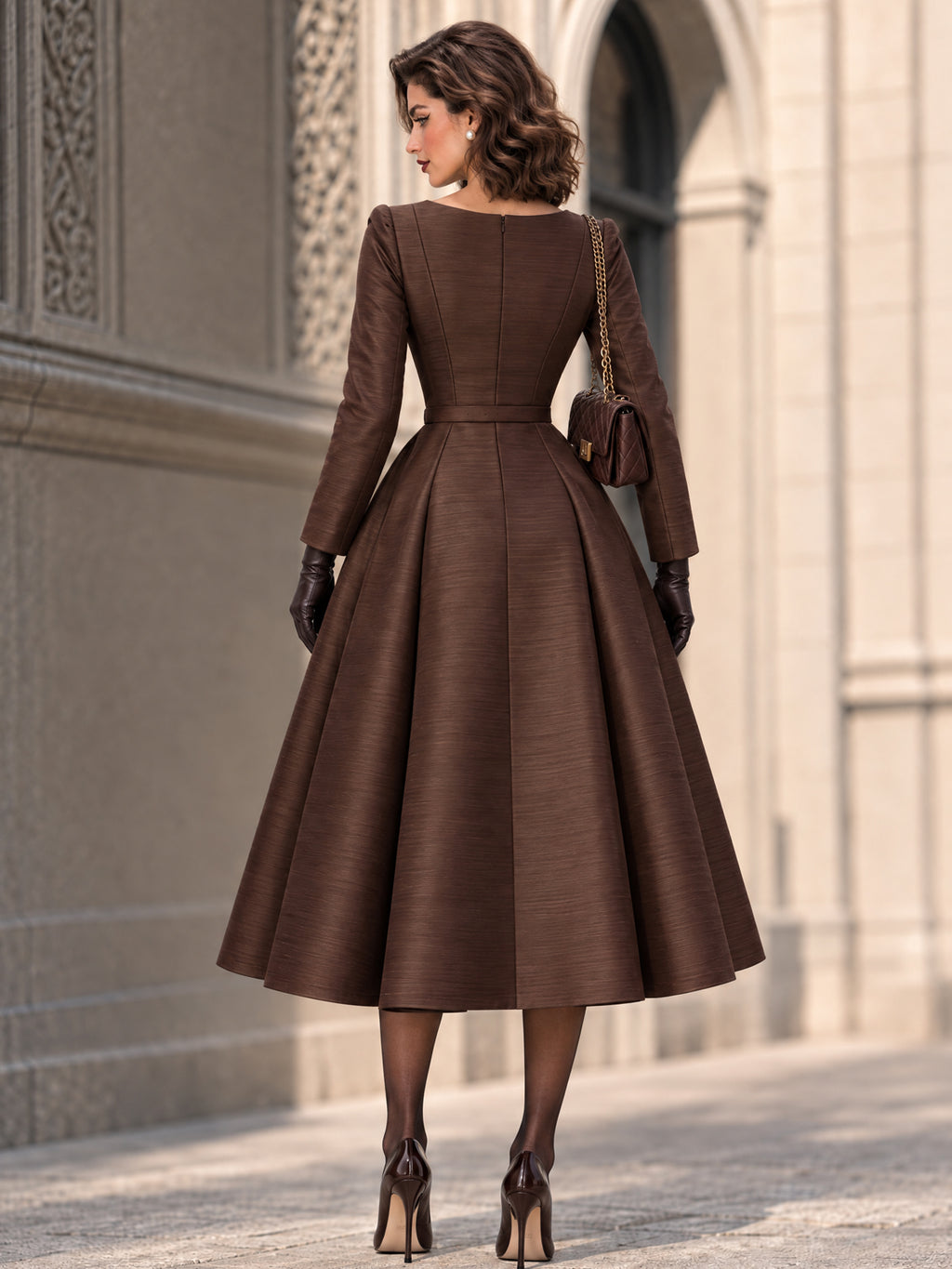 Vintage Brown Textured Belted Fit Flare Midi Dress