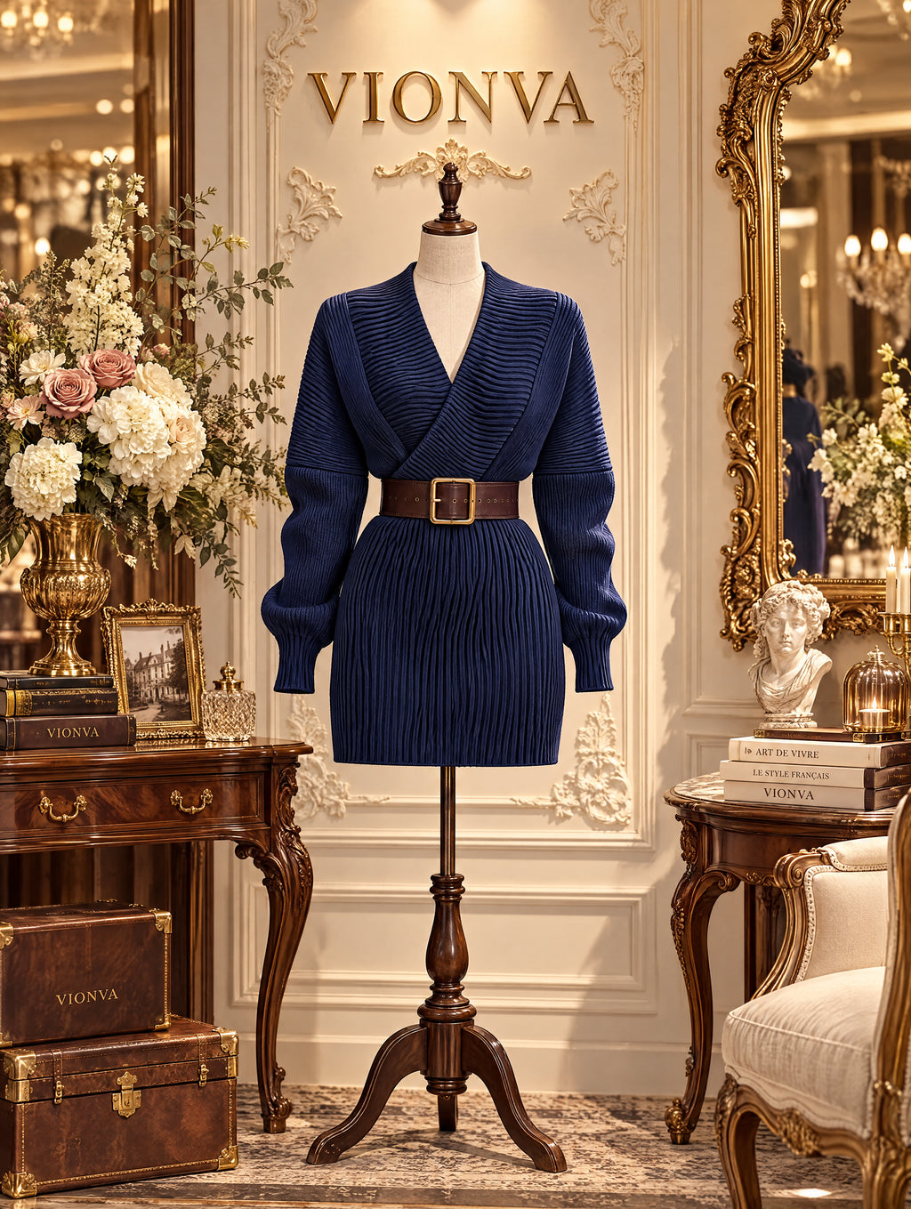 Vintage Mini Wrap V Neck Belted Knit Dress