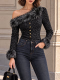 Vintage Black Leopard Faux Fur Trim Off Shoulder Shirt