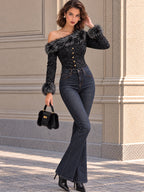 Vintage Black Leopard Faux Fur Trim Off Shoulder Shirt