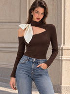 Vintage Brown Ribbed Cutout Bow Turtleneck Shirt
