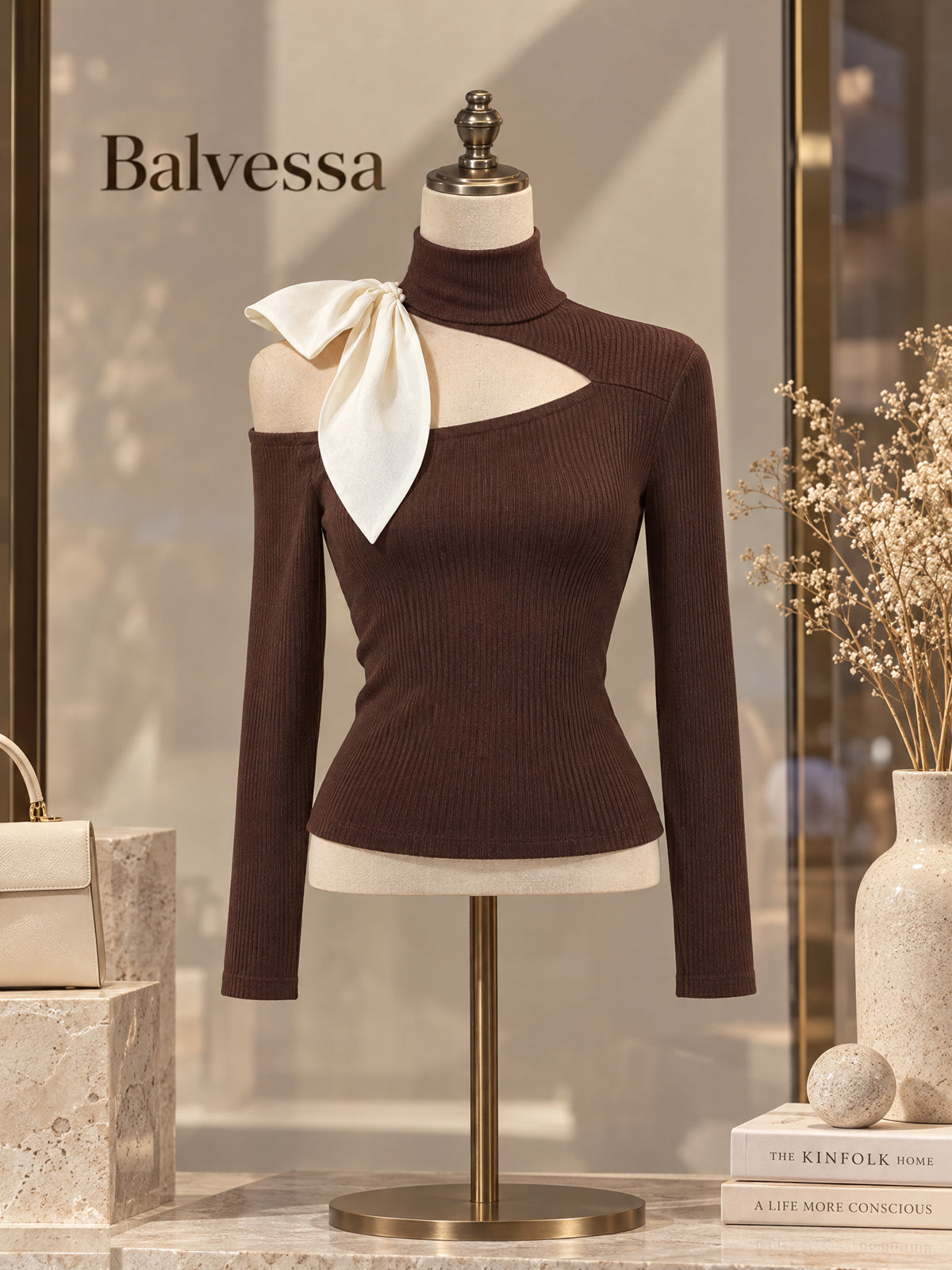 Vintage Brown Ribbed Cutout Bow Turtleneck Shirt