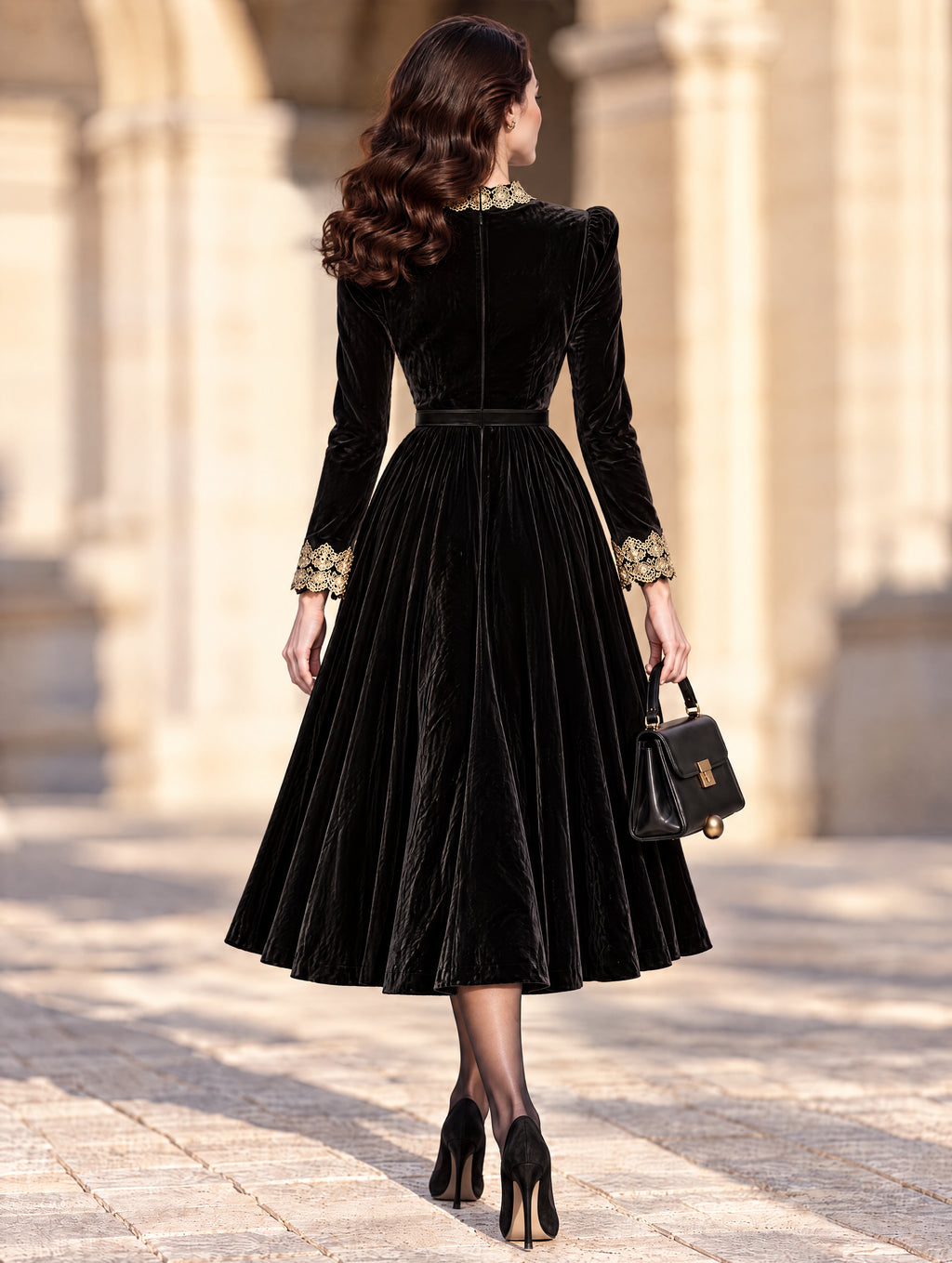 Vintage Midi Black Velvet Lace Trim Dress