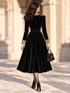 Vintage Midi Black Velvet Lace Trim Dress