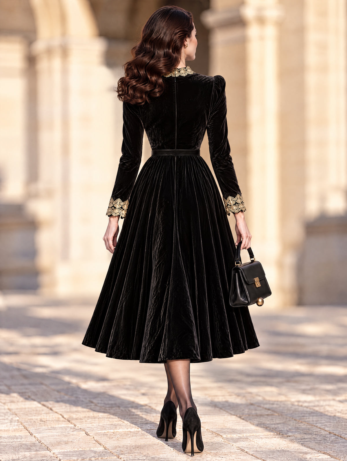 Vintage Midi Black Velvet Lace Trim Dress