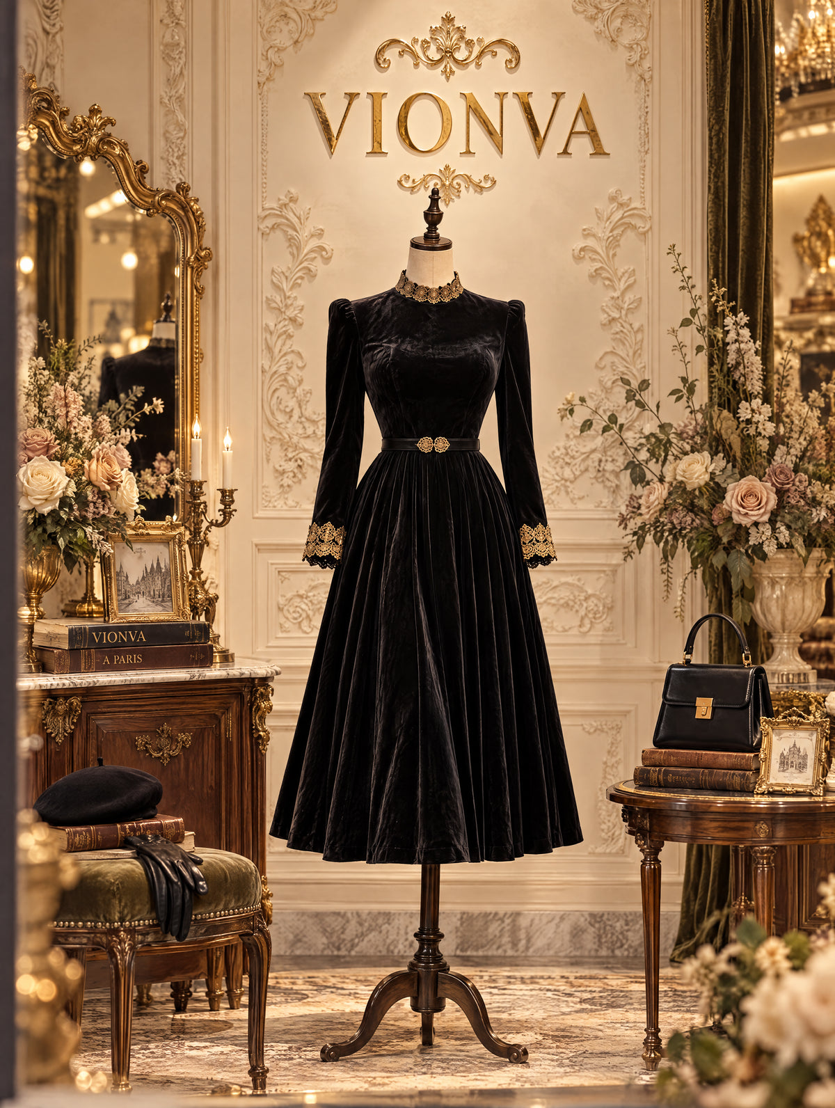 Vintage Midi Black Velvet Lace Trim Dress