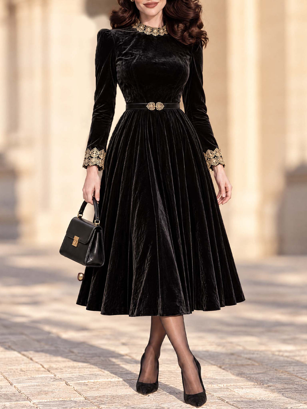 Vintage Midi Black Velvet Lace Trim Dress