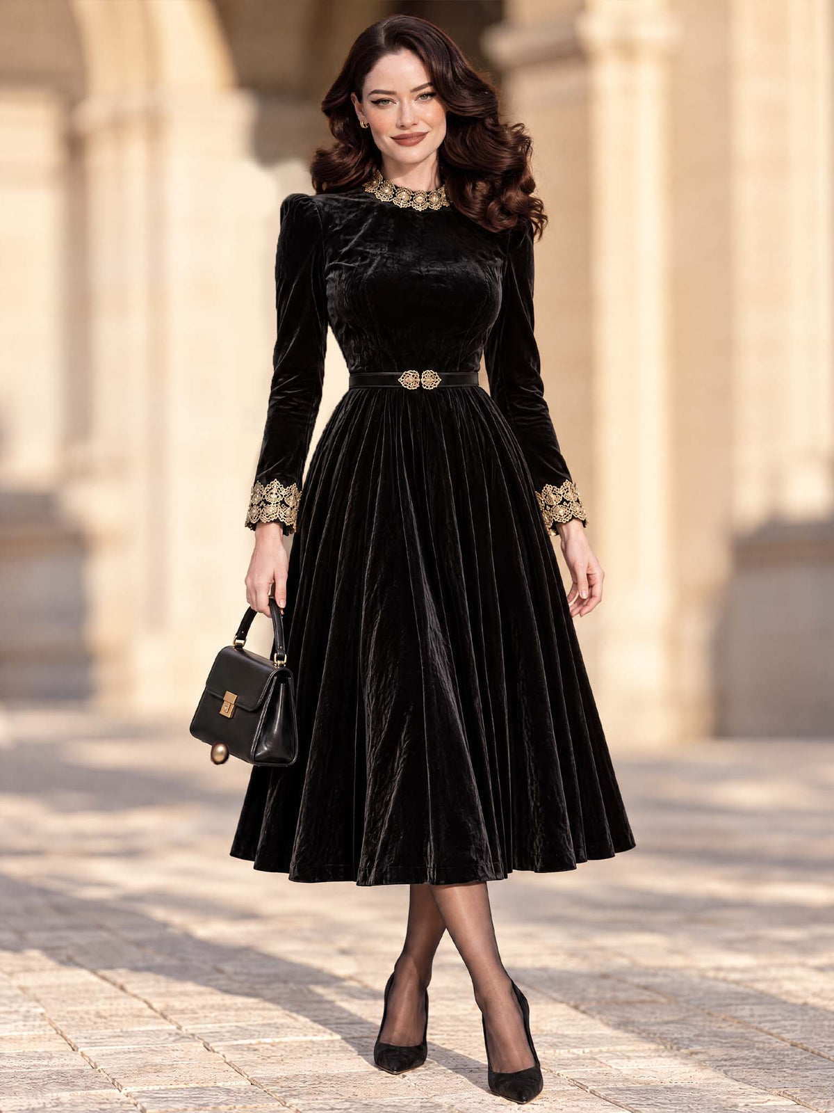 Vintage Midi Black Velvet Lace Trim Dress