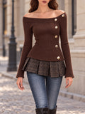 Vintage Brown Ribbed Knit Off Shoulder Button Shirt
