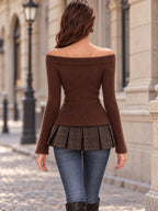 Vintage Brown Ribbed Knit Off Shoulder Button Shirt