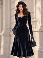 Vintage Square Neck Velvet Belted Midi Dress
