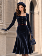 Vintage Square Neck Velvet Belted Midi Dress
