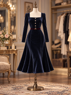 Vintage Square Neck Velvet Belted Midi Dress