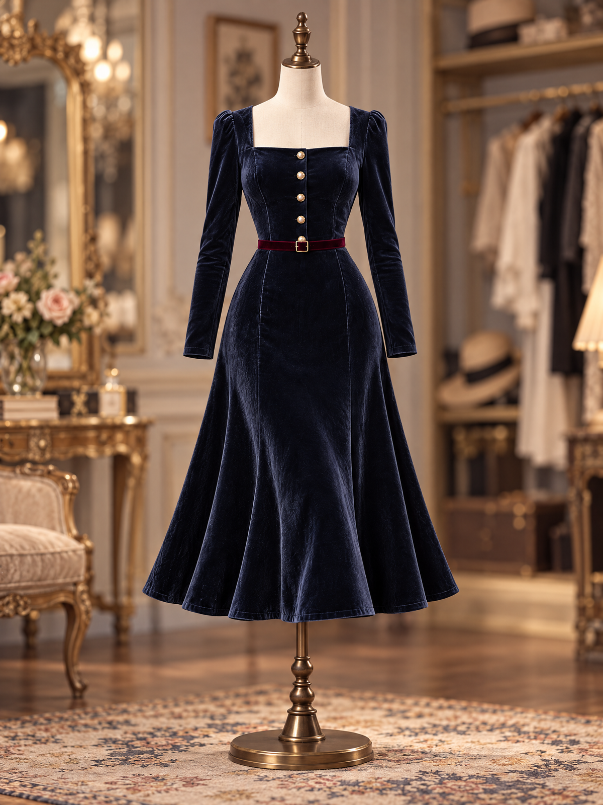 Vintage Square Neck Velvet Belted Midi Dress