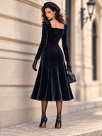 Vintage Square Neck Velvet Belted Midi Dress