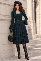 Vintage Knit Flare Sleeve Plaid Tiered Midi Dress