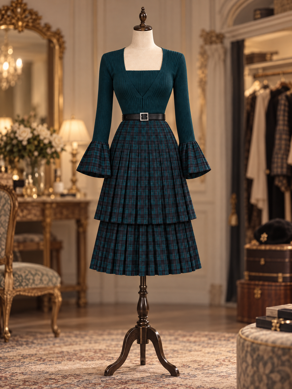 Vintage Knit Flare Sleeve Plaid Tiered Midi Dress