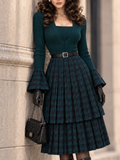 Vintage Knit Flare Sleeve Plaid Tiered Midi Dress