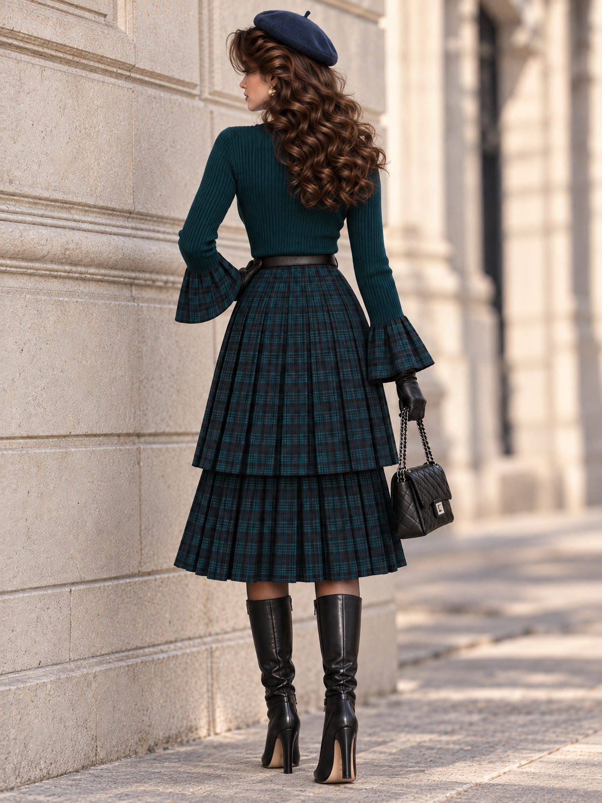 Vintage Knit Flare Sleeve Plaid Tiered Midi Dress