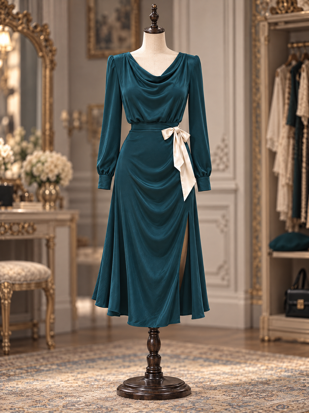Vintage Draped Neck Slit Flowy Dark Teal Midi Dress