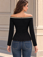 Vintage Black Off Shoulder Striped Lace Hem T-shirt