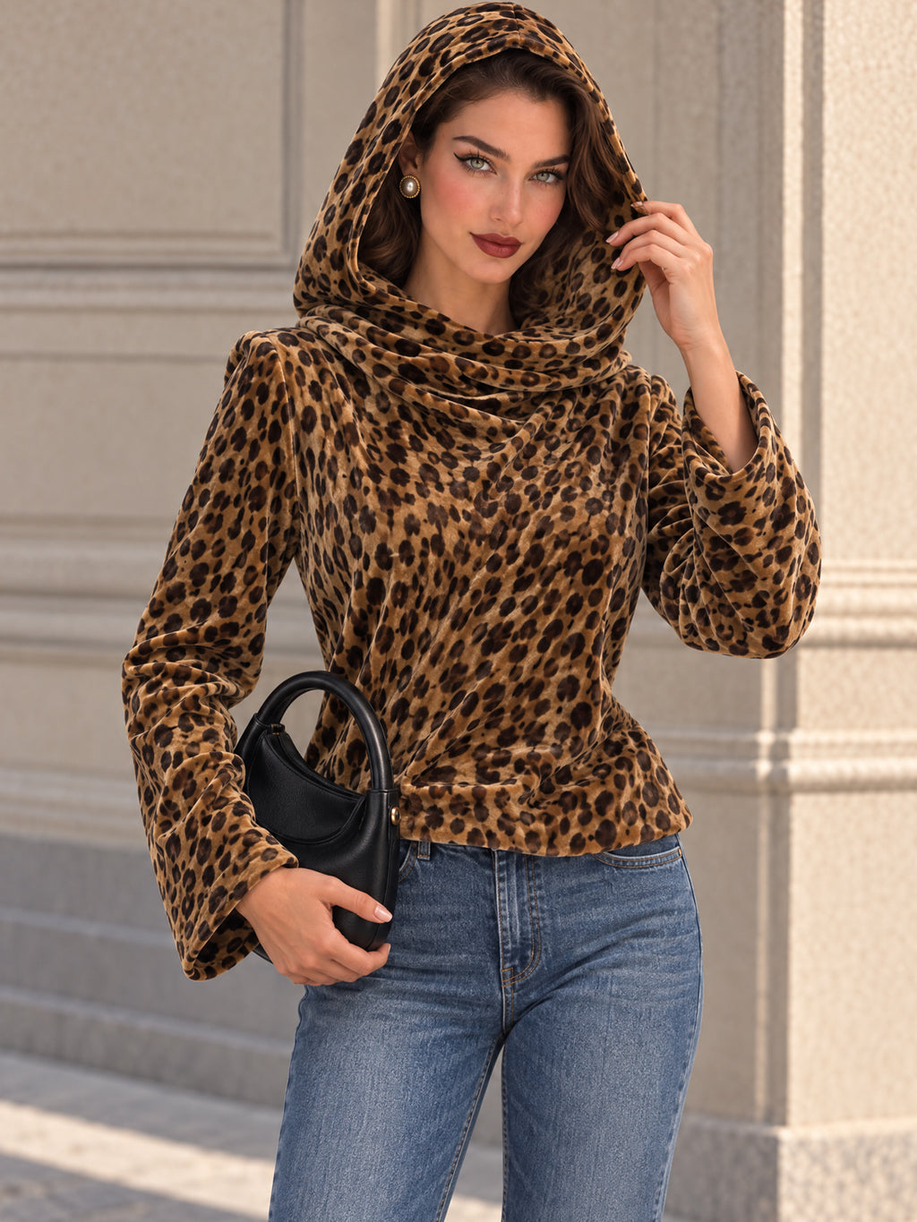 Vintage Leopard Print Velvet Bell Sleeve Hoodie