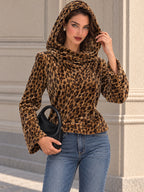 Vintage Leopard Print Velvet Bell Sleeve Hoodie