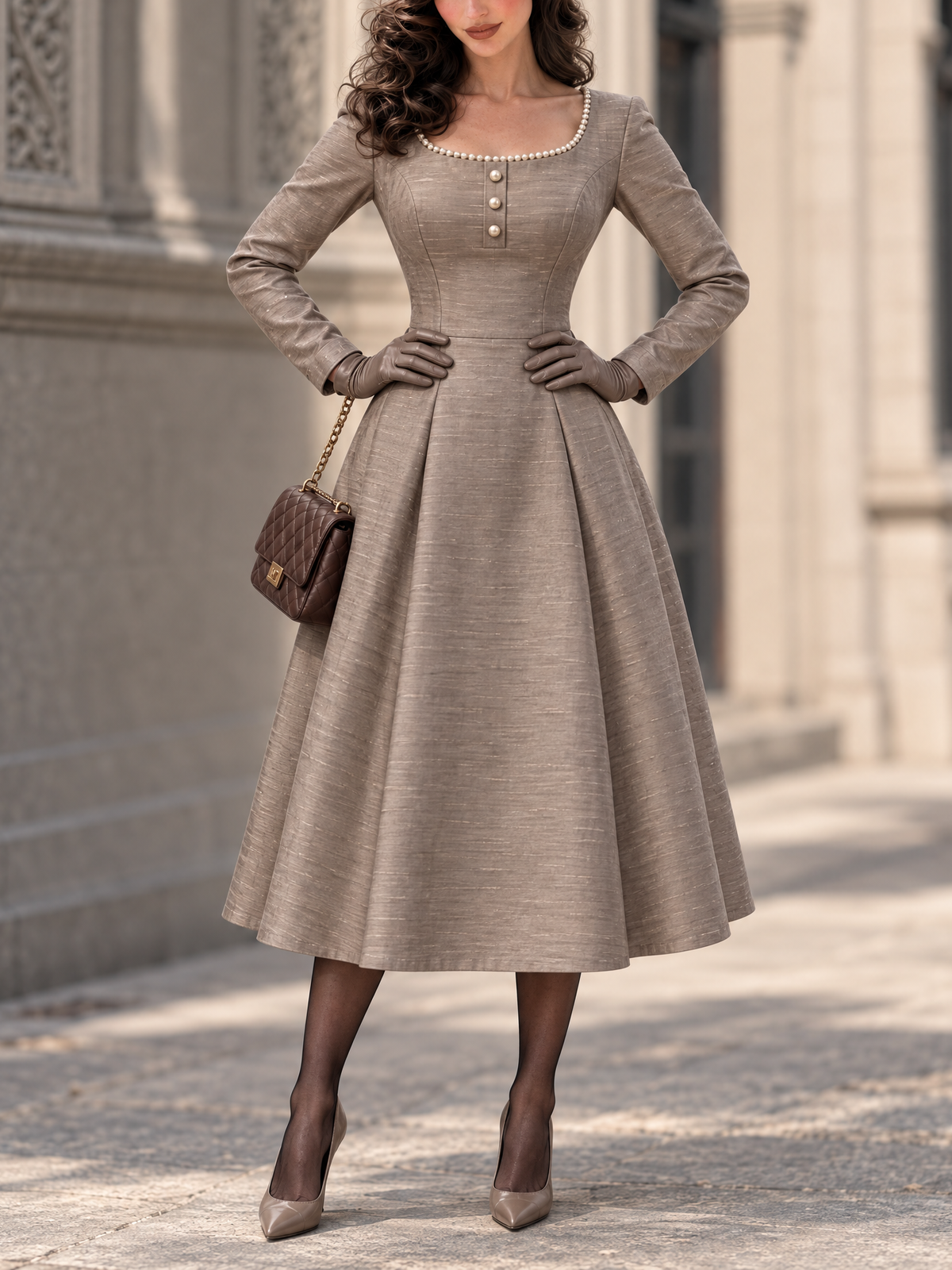Taupe Scoop Neck Pearl-Trim Long Sleeve Midi Dress