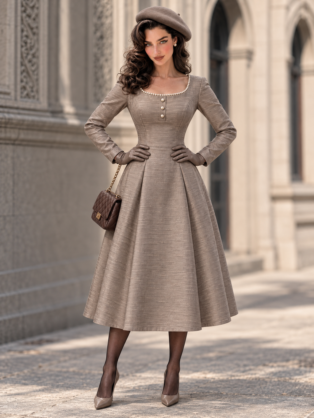 Taupe Scoop Neck Pearl-Trim Long Sleeve Midi Dress