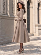 Taupe Scoop Neck Pearl-Trim Long Sleeve Midi Dress