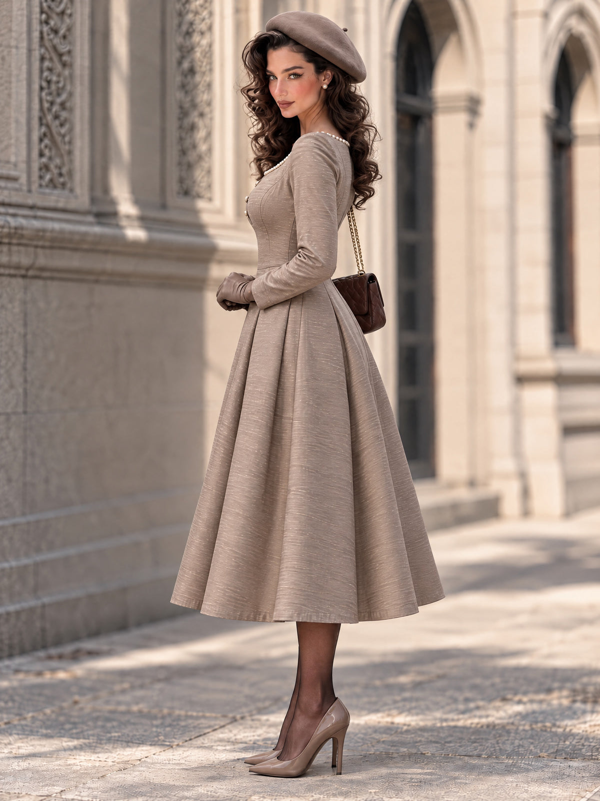 Taupe Scoop Neck Pearl-Trim Long Sleeve Midi Dress