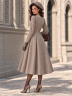 Taupe Scoop Neck Pearl-Trim Long Sleeve Midi Dress