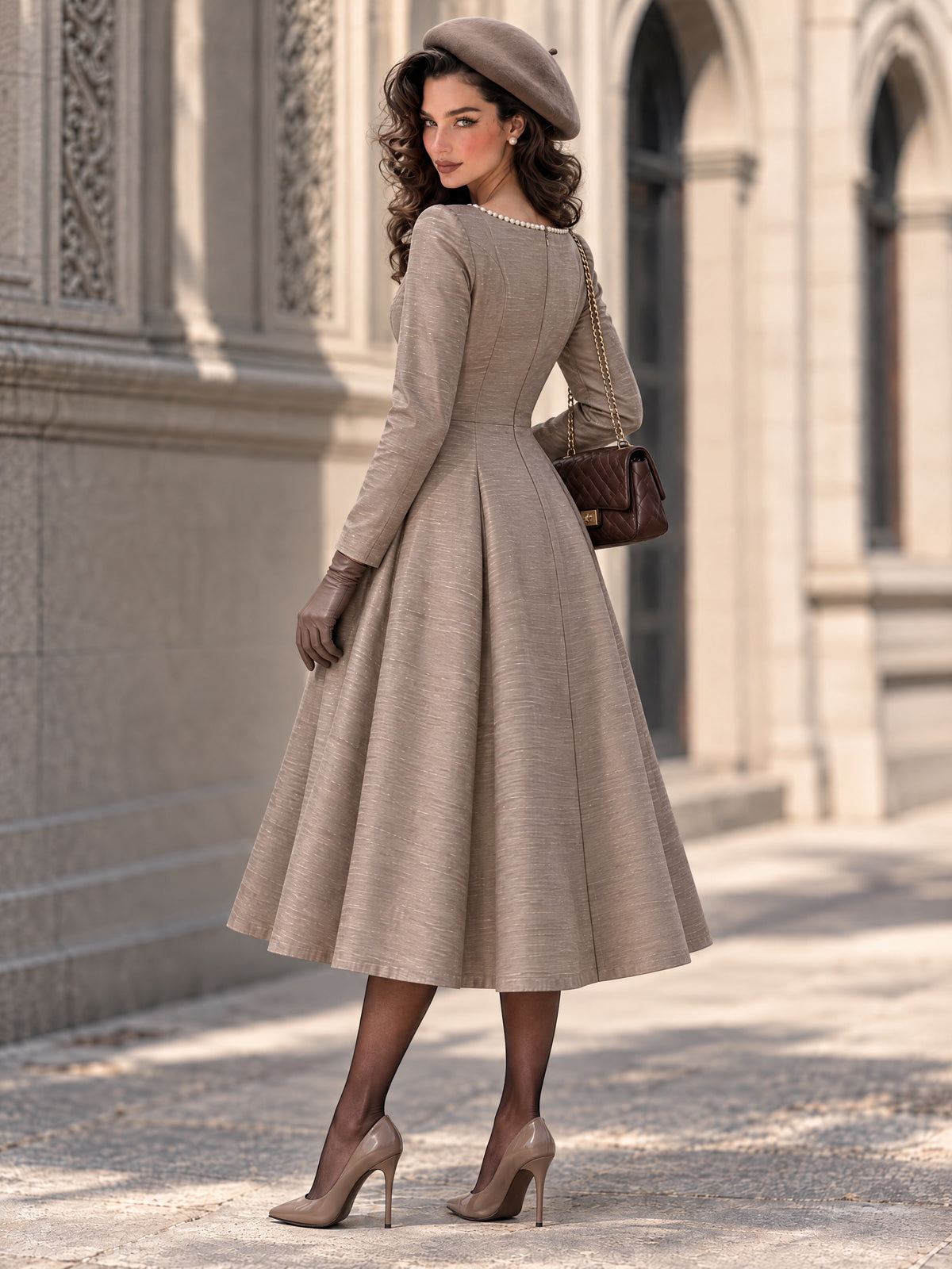 Taupe Scoop Neck Pearl-Trim Long Sleeve Midi Dress