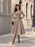 Taupe Scoop Neck Pearl-Trim Long Sleeve Midi Dress