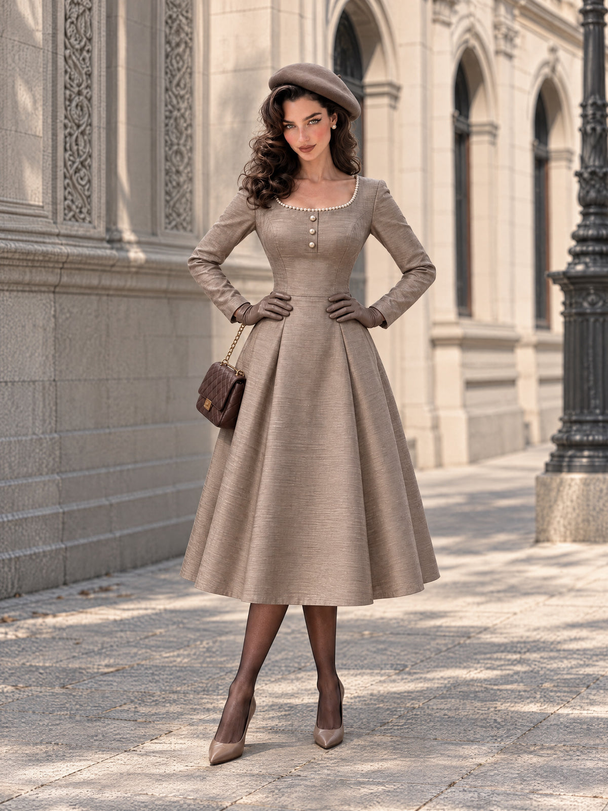 Taupe Scoop Neck Pearl-Trim Long Sleeve Midi Dress