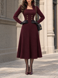 Burgundy Ribbed Knit Long-Sleeve Square-Neck Midi Dress