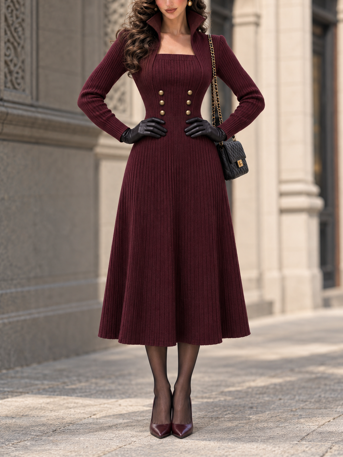 Burgundy Ribbed Knit Long-Sleeve Square-Neck Midi Dress