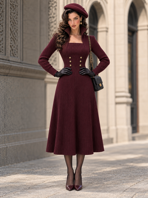 Burgundy Ribbed Knit Long-Sleeve Square-Neck Midi Dress