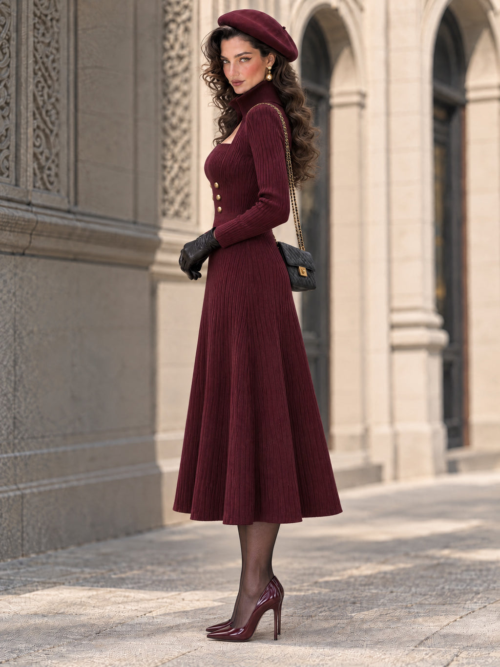 Burgundy Ribbed Knit Long-Sleeve Square-Neck Midi Dress