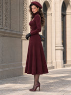 Burgundy Ribbed Knit Long-Sleeve Square-Neck Midi Dress