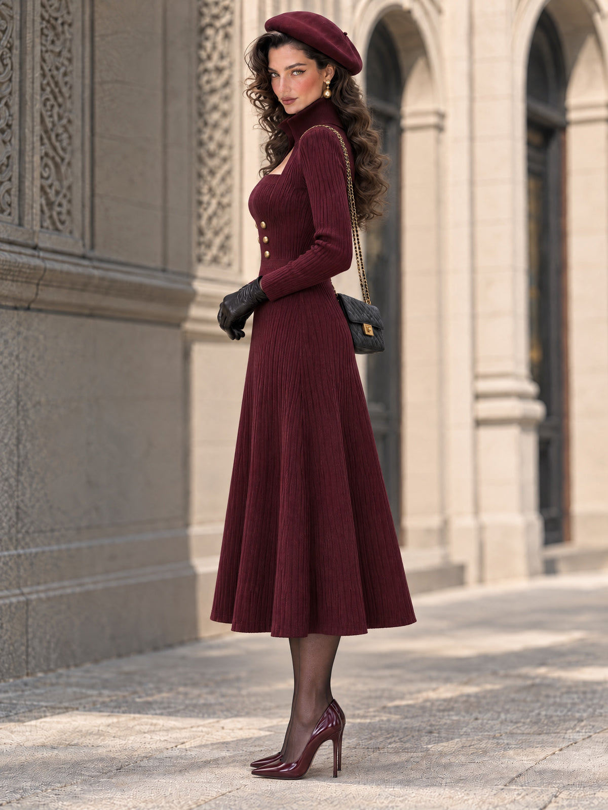 Burgundy Ribbed Knit Long-Sleeve Square-Neck Midi Dress