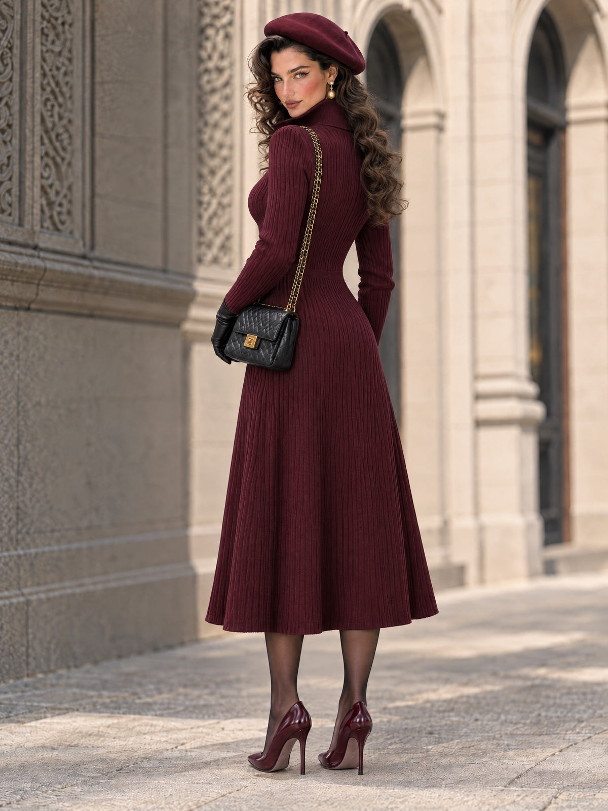 Burgundy Ribbed Knit Long-Sleeve Square-Neck Midi Dress