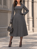 Charcoal Grey Long Sleeve Pleated Midi Dress