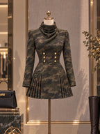Vintage Camouflage Cowl Neck Pleated Mini Dress