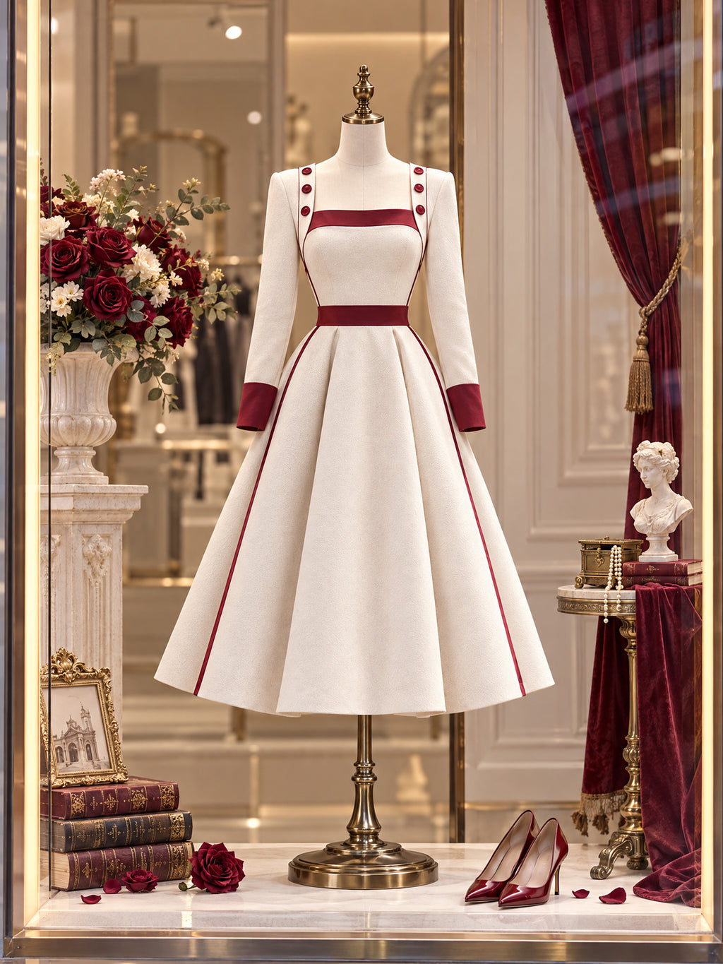 Vintage Cream Burgundy Trim Square Neck Midi Dress