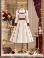 Vintage Cream Burgundy Trim Square Neck Midi Dress